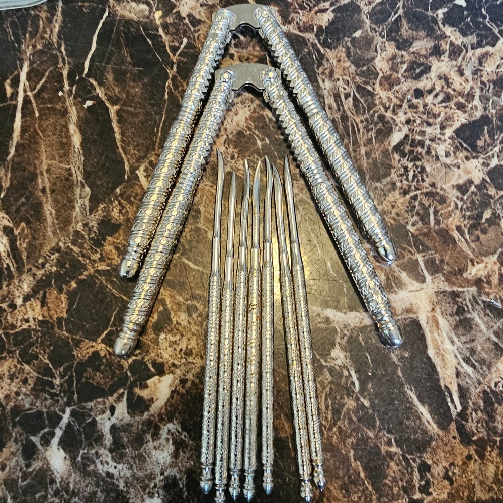 Vintage Silver Tone Nutcracker and Seafood Pick Set 8 Piece Ornate ScrollPattern